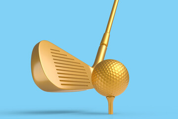 Wall Mural - Sport equipment golf club and ball isolated on blue background.