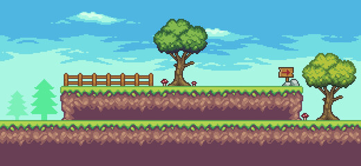 Wall Mural - Pixel art arcade game scene with tree, fence, and clouds 8 bit vector background
