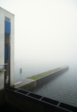 Netherlands, Lelystad, Houtribsluizen Ship Locks In Fog