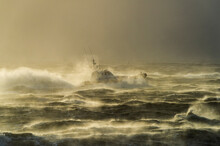 Netherlands, Vlissingen, Life Boat In Rough Sea During Storm Eunice