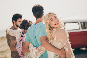 Poster - Photo of four people gathering cuddle best hippie adventure buddies enjoy summer wear casual outfit nature seaside beach