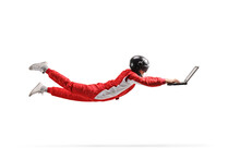 Racer Flying And Working On A Laptop Computer