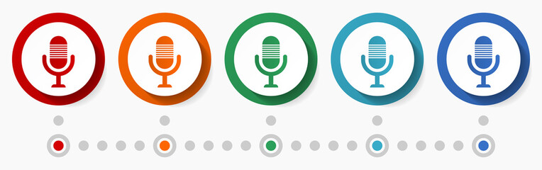 Aufkleber - Podcast, microphone concept vector icon set, infographic template, flat design colorful web buttons in 5 color options