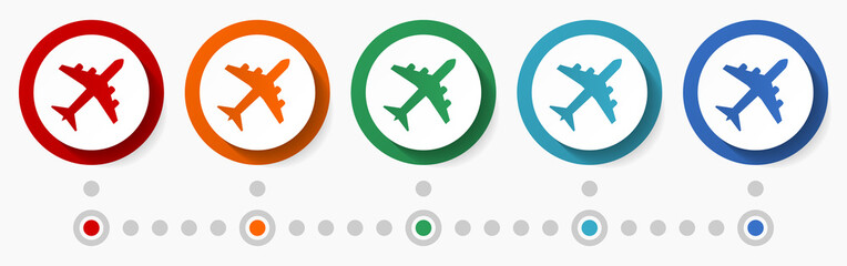 Poster - Plane, airplane concept vector icon set, infographic template, flat design colorful web buttons in 5 color options