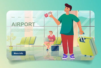 Aufkleber - Airport terminal with passengers concept in cartoon design for landing page. Travelers with luggage and airplane tickets sitting in waiting hall. Vector illustration with people for web homepage