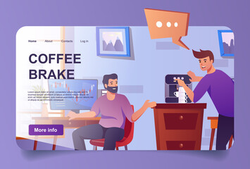 Aufkleber - Coffee break in office concept in cartoon design for landing page. Colleagues making coffee, drinking, resting, brainstorming and discuss work tasks. Vector illustration with people for web homepage