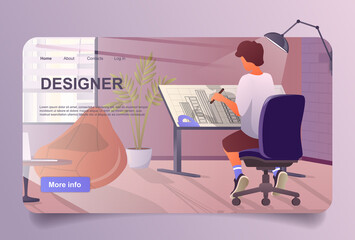 Poster - Designer working at home concept in cartoon design for landing page. Man draws building blueprint on tilted table and does creative work in studio. Vector illustration with people for web homepage