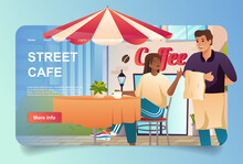 Street Cafe With Visitor Concept In Cartoon Design For Landing Page. Woman Drinking Coffee Sitting At Tables Outdoors And Ordering Lunch At Waiter. Vector Illustration With People For Web Homepage
