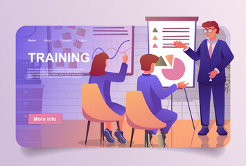 Poster - Business training concept in cartoon design for landing page. Coach making educational lecture for employees and improve their professional skills. Vector illustration with people for web homepage