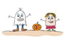 Two Hand-drawn Ghosts Celebrate Halloween And There Is A Hollowed-out Pumpkin Between Them	
