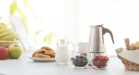 Wall Mural - Delicious breakfast at home with fresh fruit