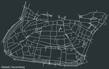 Detailed negative navigation white lines urban street roads map of the ALTSTADT, ST. LORENZ DISTRICT of the German regional capital city of Nuremberg, Germany on dark gray background