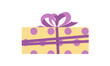 Gift box. Polka dots yellow present box with violet dots and purple bow. Flat, vector
