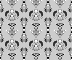 Wall Mural - Ancient Egypt. Vintage black and white seamless pattern with Egyptian gods and symbols. Retro hand drawn vector repeating illustration. Ra, Anubis, Sekhtmet, Cleopatra, pyramid.