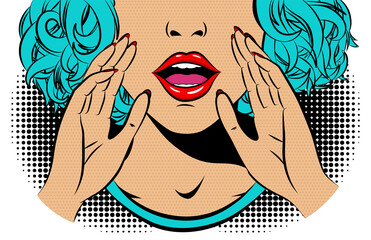 Wall Mural - Comic book girl in pop art style. Emotional pretty woman trying to tell or announcing secret message. Beautiful lady keeping hand near her mouth