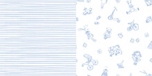 A Set Of Two Seamless Patterns. Hand-drawn Vintage Toys On A White Background. Seamless Pattern Of Thin Blue Stripes. Cute Baby Style. Soft Blue Color. Stock Vector Illustration.