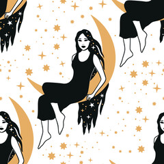 Wall Mural - Witchy Seamless Pattern, Celestial Pattern Design Vector, Bohemian celestial pattern vector image