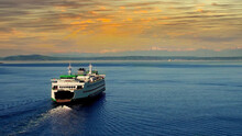Seattle Mountains With Boats At Sunset, Seattle, Washington