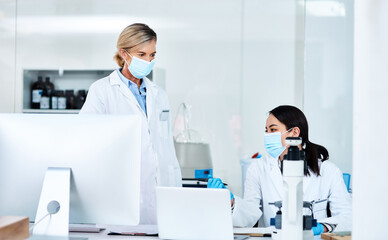 Poster - Working on new research. Shot of two scientists working together in a lab.