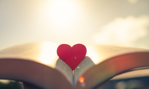 open book up to the sunlight with heart in center.