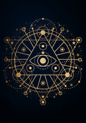 Sacred Masonic symbol Vesica piscis gold Sacred geometry. All Seeing eye, the third eye or The Eye of Providence inside triangle pyramid. Circles and line dots illustration isolated on blue background