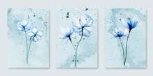 Watercolor Art Background With Blue Flowers. A Set Of Posters With Flower Bouquets For The Design Of Invitations, Prints, Wallpapers, Decor, Packaging