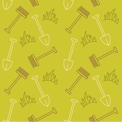 Wall Mural - Lawn care seamless surface pattern, garden mowing tools endless background template, grass patch, shovel, rake line icons repetitive vector illustration design, repeat doodle style wallpaper