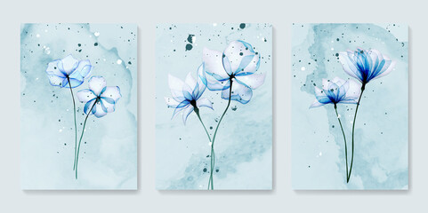 Wall Mural - watercolor art background with blue flowers. a set of posters with flower bouquets for the design of