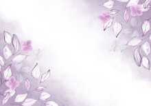 Pale Bright Purple Leaves And Flowers With Golden Dust - Botanical Design Banner. Floral Pastel Watercolor Border Frame.