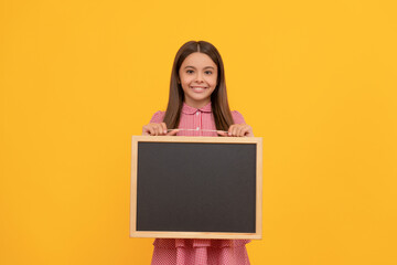 Sticker - school sale. happy teen girl hold blackboard. child advertising. back to school.