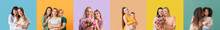 Set Of Mothers And Daughters On Colorful Background