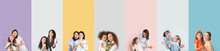 Set Of Mothers And Daughters On Colorful Background