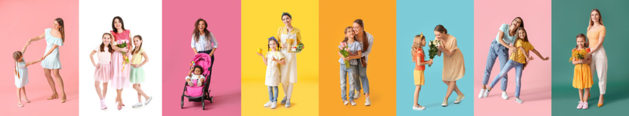collage with mothers and daughters on colorful background