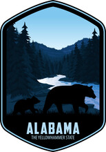Alabama Vector Label With  Black Bear Family And Little River Canyon National Preserve