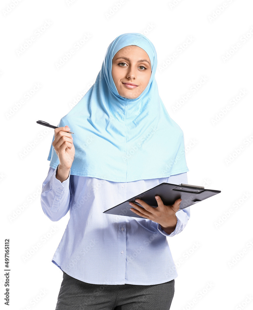 Muslim secretary with clipboard on white background