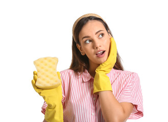 Wall Mural - Young woman with sponge on white background