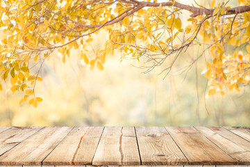 Wall Mural - Empty wooden table with autumn for a catering or food background with a country outdoor theme,Template mock up for display of product