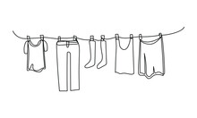 Continuous One Line Drawing Of Laundry Hang On Clothline. Vector Illustration