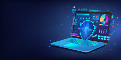 Blue laptop with personal data on displays and 3D shield. Cyber Security concept. 3D laptop and under the protection. Cybersecurity, antivirus, encryption, data protection. Safety internet technology