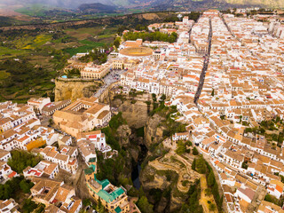 Aerial view of Ronda landscape and buildings with Puente Nuevo Bridge, Andalusia, Spain