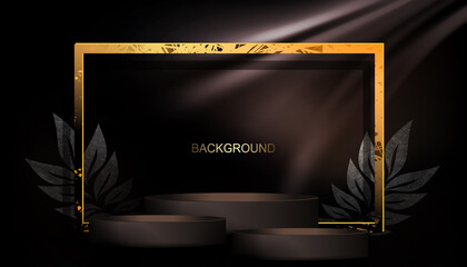 Wall Mural - Rectangular frame in gold color with a scene, texture silhouette of leaves on a dark background