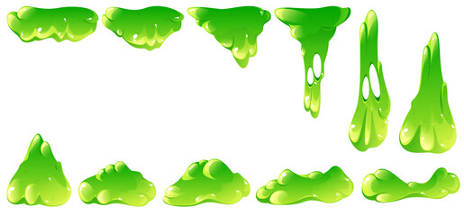 Wall Mural - liquid green slime drip and falling. vector sprite sheet with cartoon set of splash of poison goo, f