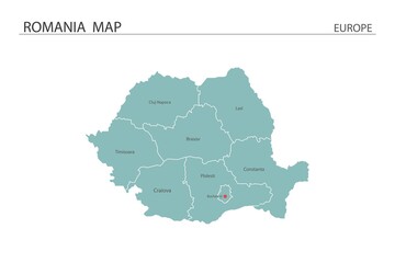  Romania map vector illustration on white background. Map have all province and mark the capital city of Romania.