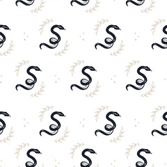 Wall Mural - seamless pattern with boho magic snake and leaves. mystical symbol in a trendy minimalist style. eso