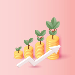 arrow cion growth money tree coin plant for save money vector 3d banking income business