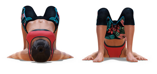Wall Mural - Front and Back Poses of a Woman in Yoga Bridge Pose on white