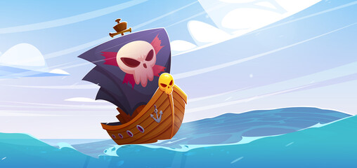 Pirate ship with black sails and jolly roger floating on ocean water waves. Legend of the seas cartoon game scene or book picture with filibusters battleship with skull on stem, Vector illustration