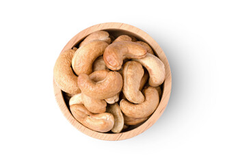 Wall Mural - Cashew nut in wooden bowl isolated on white background. Top view. Flat lay.