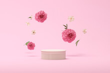3D Podium Display, Pastel Pink Background With Hydrangeas Flower And Vintage Frame. Peonies Flower And Nature Leaf. Minimal Pedestal For Beauty, Product. Feminine Copy Space Template 3d Render
