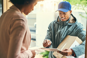 Poster - Technology helps us get the job done quicker. Shot of a courier using a digital tablet while making a delivery to a customer.